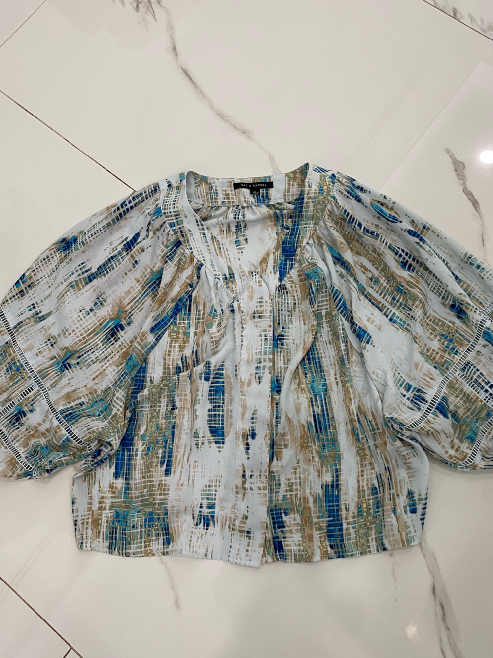 Zac & Rachel Abstract Strapless Top in Blue, Teal & Tan with bell sleeves